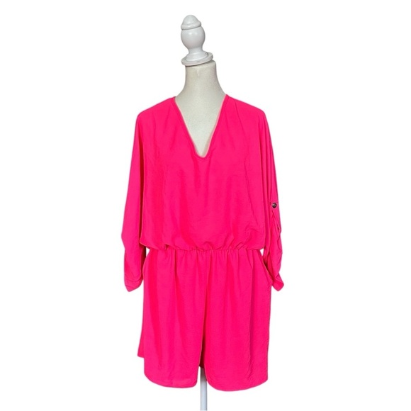 M MTS Short Sleeve Elastic Waist Shorts Romper Neon Pink Size Large - Picture 1 of 14